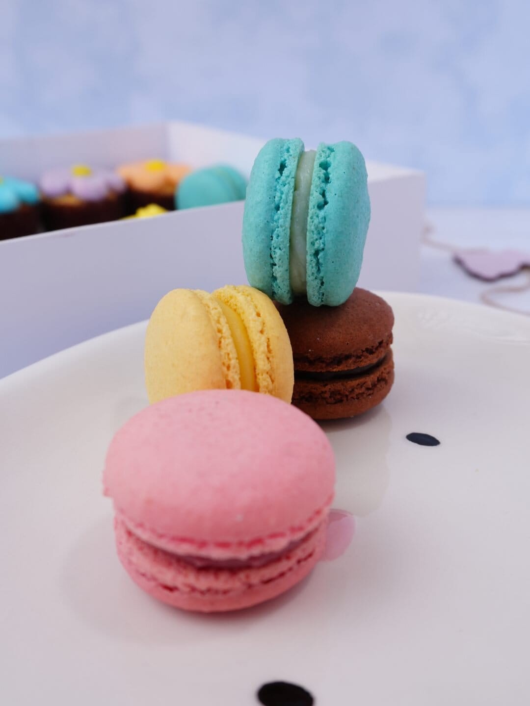 Macarons decorados en colores pastel para Pascua, en una bandeja blanca.